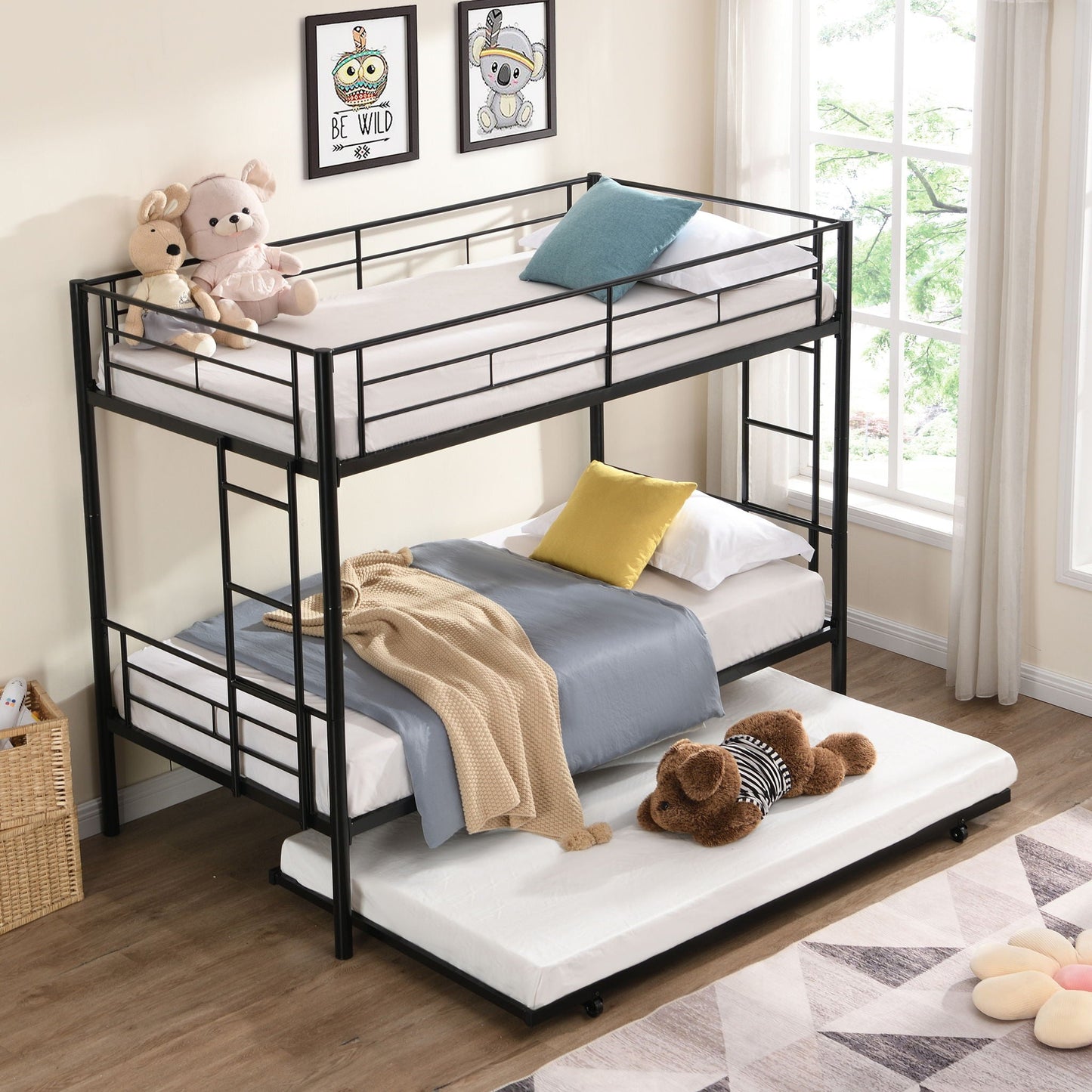 Modern Metal Frame Bunk Bed With Trundle