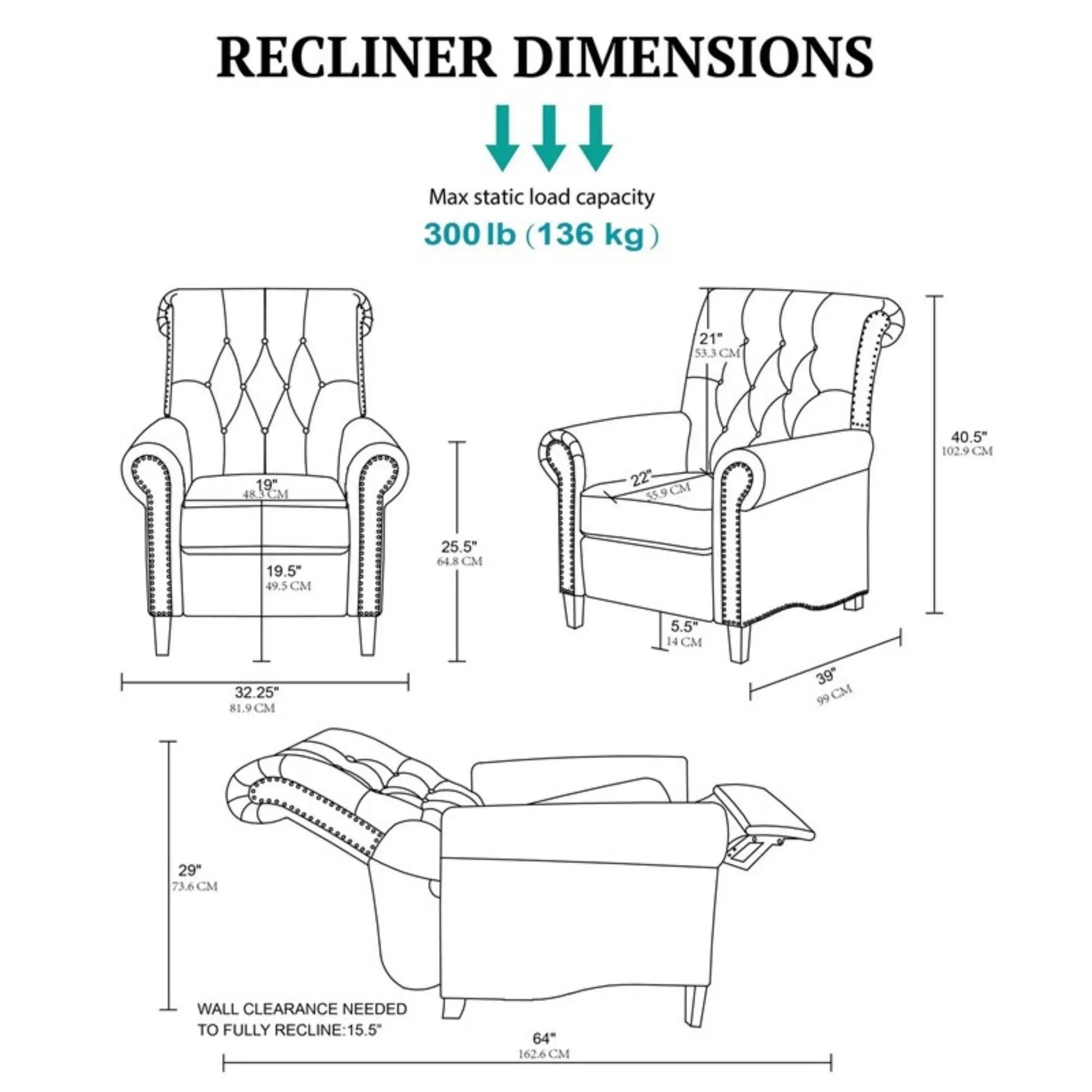 Aidan push-back recliner chair, cream upholstery with tufted back and nailhead trim, dimensions on Tampa Home & Garden Store
