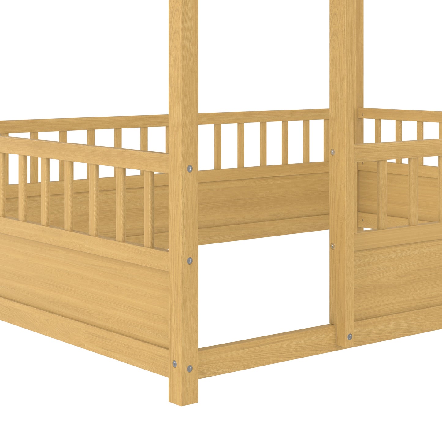 Full size wooden bed frame with house roof frame, oak finish, slatted sides, HouseOfZazla on Tampa Home & Garden Store