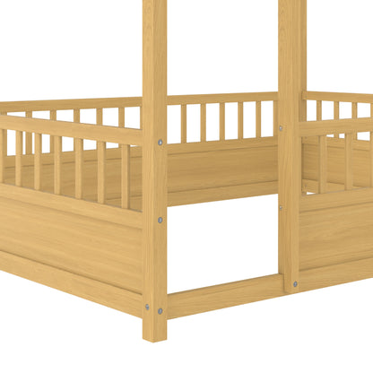 Full size wooden bed frame with house roof frame, oak finish, slatted sides, HouseOfZazla on Tampa Home & Garden Store
