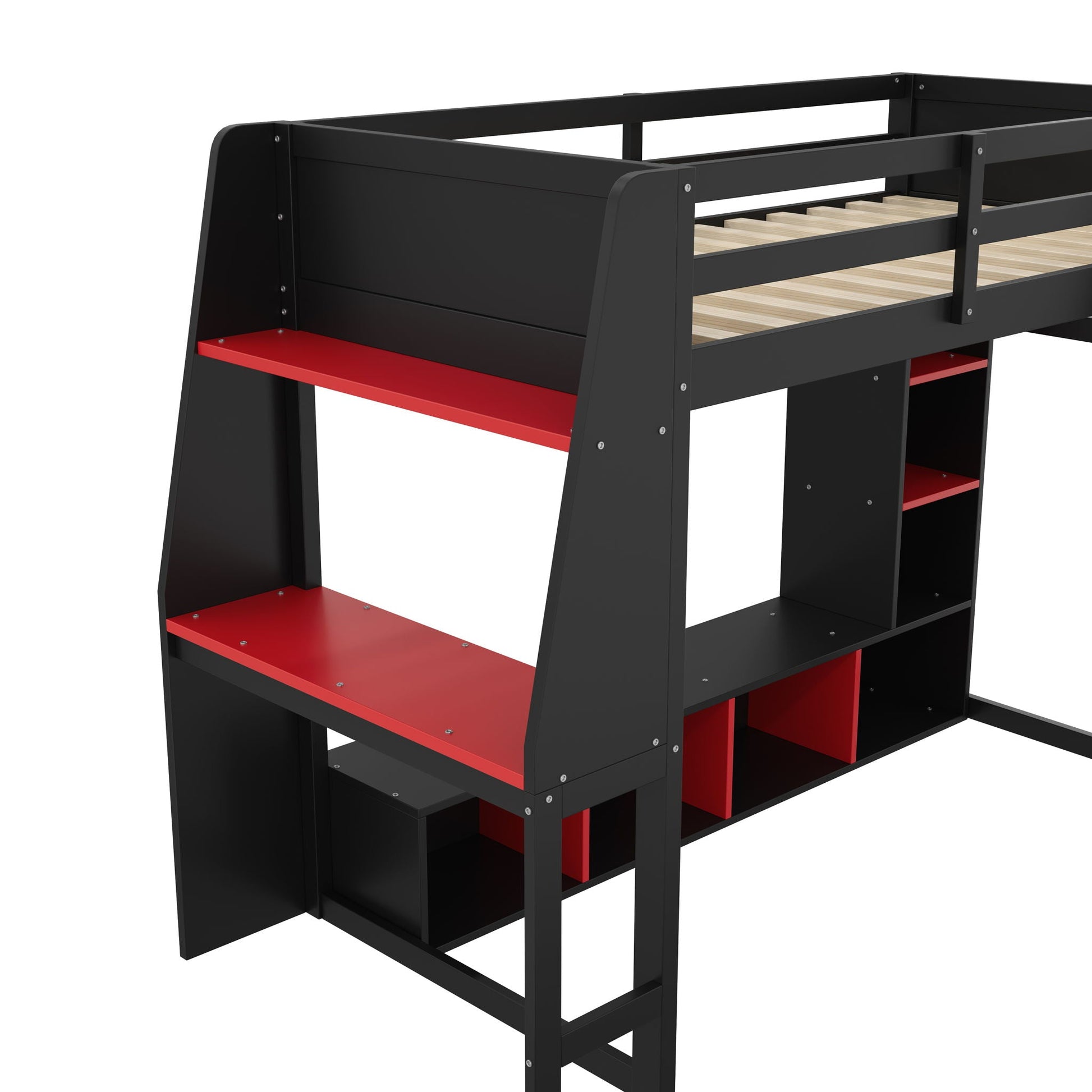 Gaming Loft Bed With Desk by HouseOfZazla, black frame with red shelves and wood slat base on Tampa Home & Garden Store