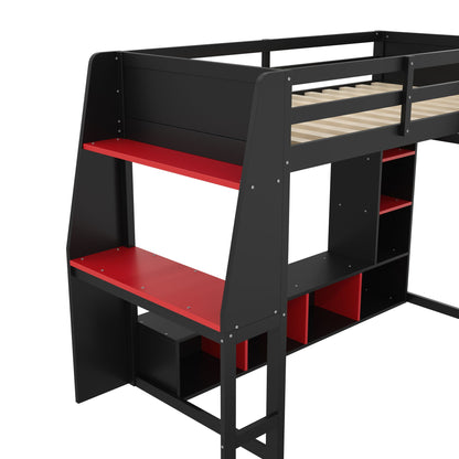 Gaming Loft Bed With Desk by HouseOfZazla, black frame with red shelves and wood slat base on Tampa Home & Garden Store