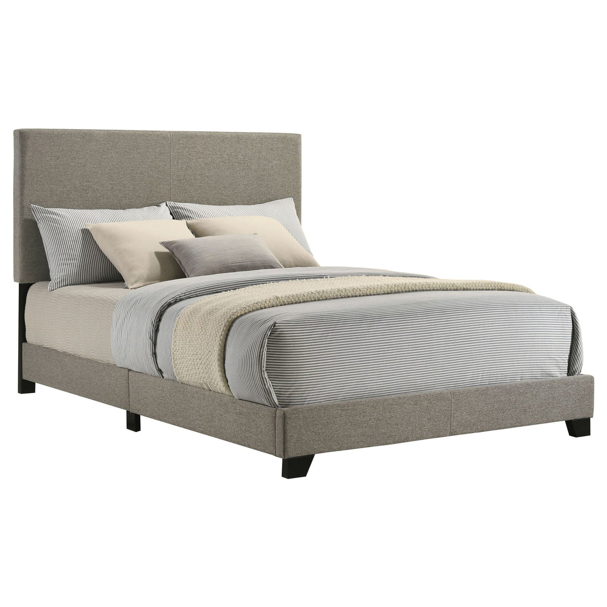 Efram panel bed by HouseOfZazla, upholstered gray fabric platform bed with striped bedding on Tampa Home & Garden Store