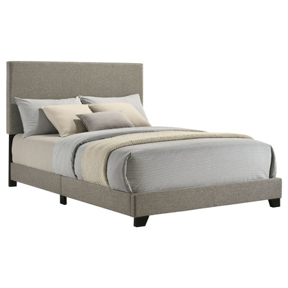 Efram panel bed by HouseOfZazla, upholstered gray fabric platform bed with striped bedding on Tampa Home & Garden Store