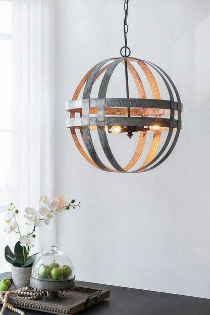 4-light galvanized chandelier with adjustable chain, gray and copper-toned metal strips on Tampa Home & Garden Store