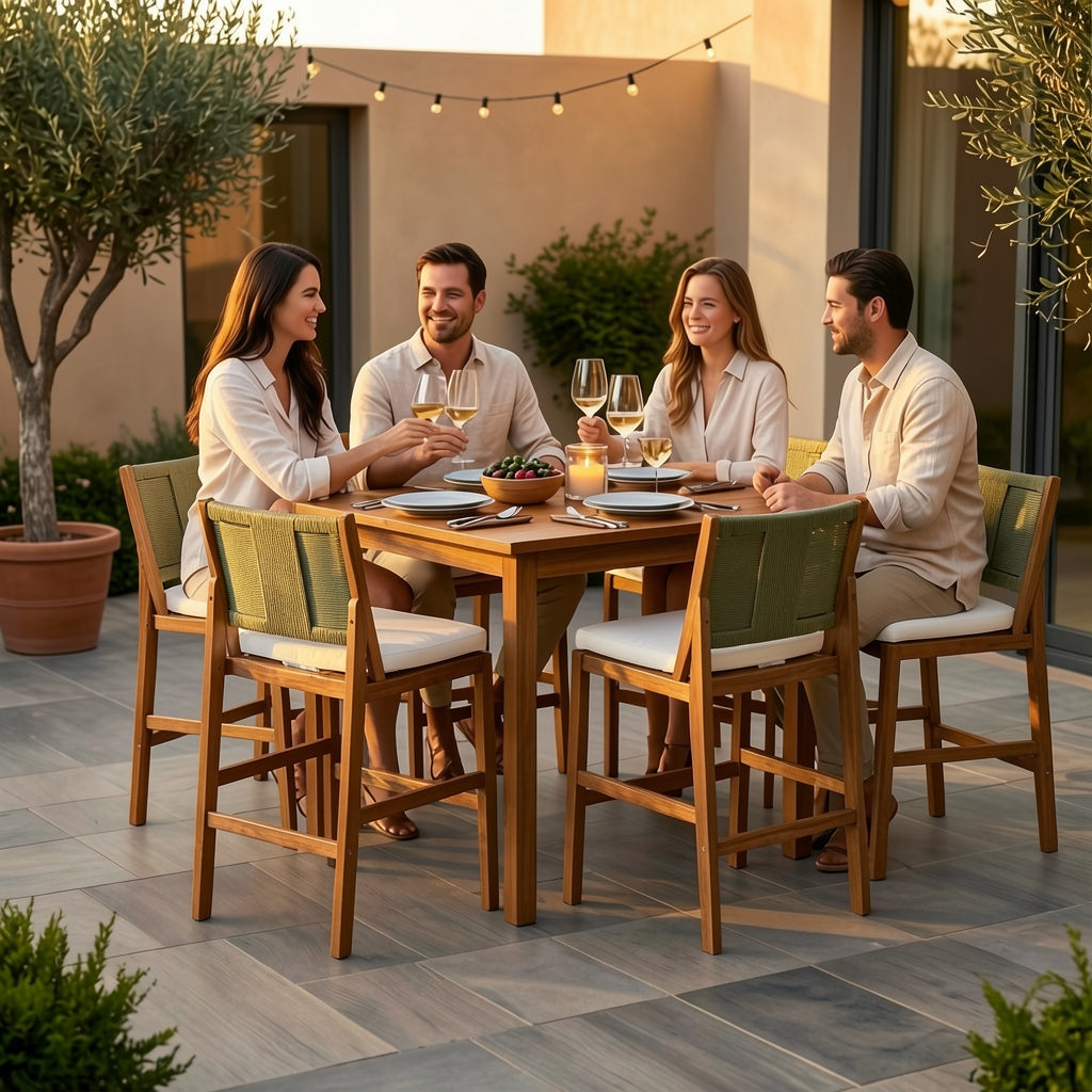4 Piece Arly Green Outdoor Bar Stool Set; HouseOfZazla wooden frames with green woven backs on Tampa Home & Garden Store