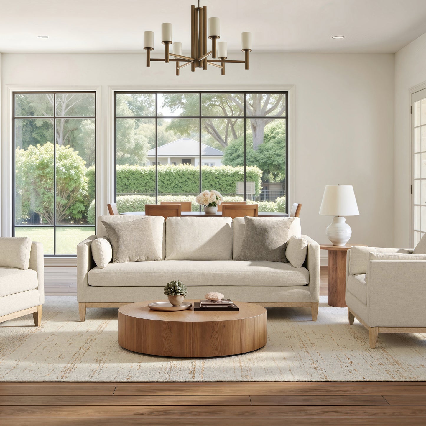 Knox 84' Modern Farmhouse Sofa flax white linen by HouseOfZazla in a bright living room on Tampa Home & Garden Store