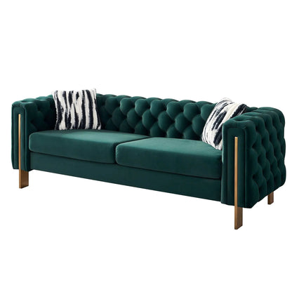 Chesterfield Modern Tufted Sofa emerald velvet with gold legs and striped cushions 84.25W on Tampa Home & Garden Store