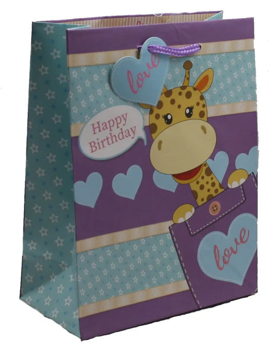 Pocket Giraffe Gift Bag in purple teal with love hearts motif by Country Christmas Loft on Tampa Home & Garden Store