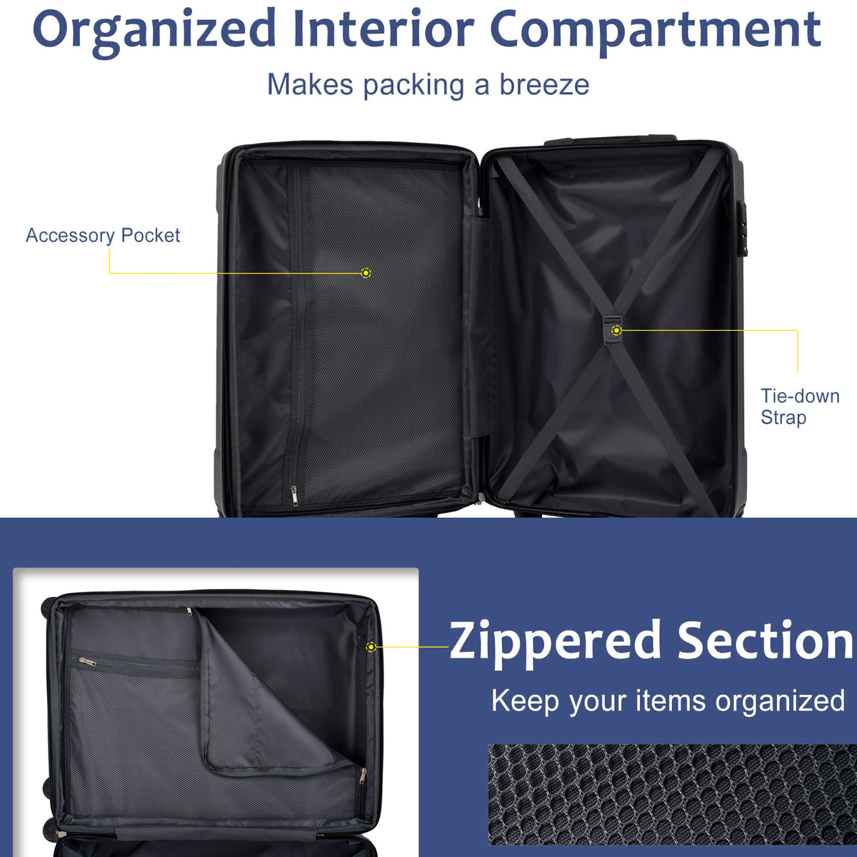 Hardshell Luggage Sets 6-Piece Blue HouseOfZazla, interior with mesh pocket and tie-down strap on Tampa Home & Garden Store