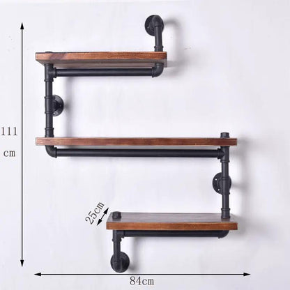 Industrial pipe wall shelf unit with three levels, solid wood planks and black iron frame for storage on Tampa Home & Garden Store