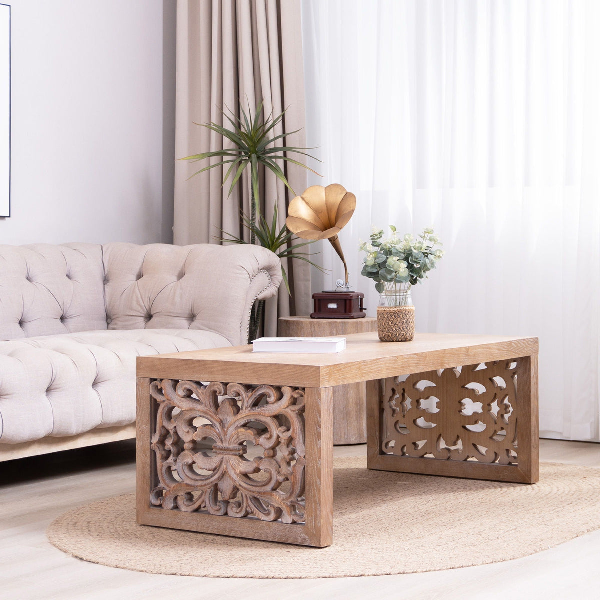 HouseOfZazla Rustic carved wood coffee table with intricate lattice panels in light brown on Tampa Home & Garden Store