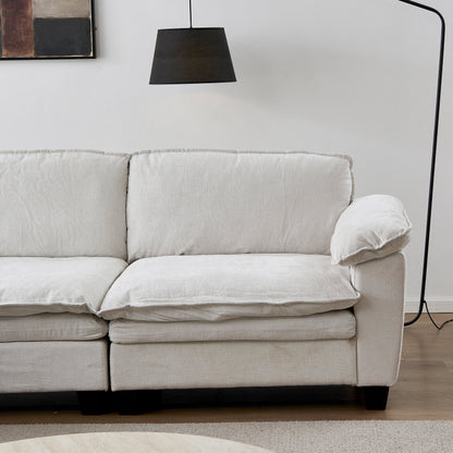 Stationary sofa in soft beige chenille upholstery with plush cushions on Tampa Home & Garden Store