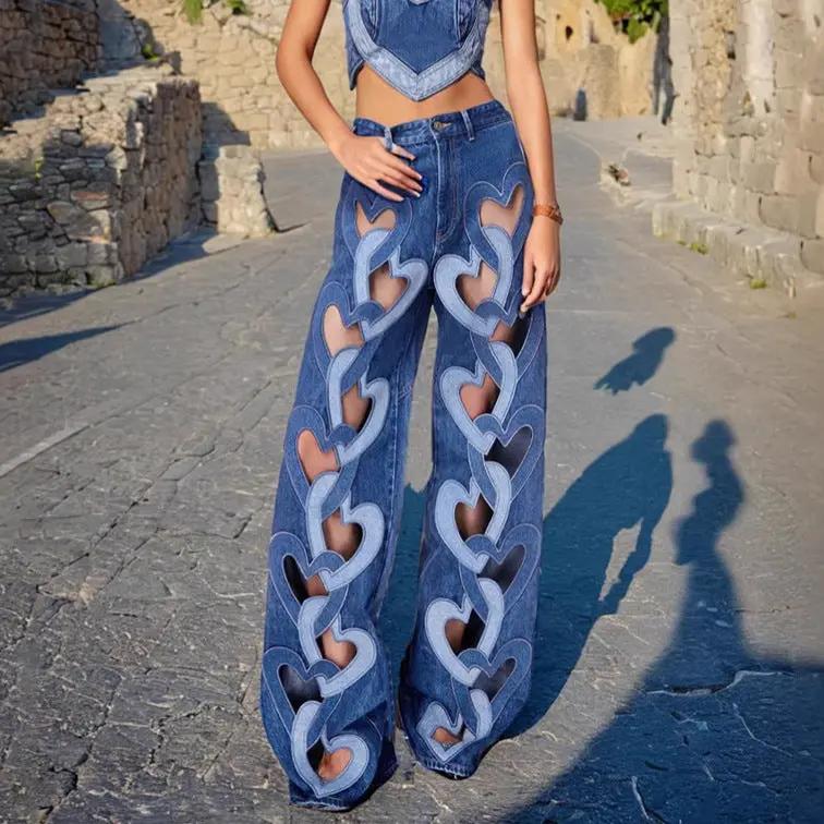 High waist hollowed heart cutout wide-leg jeans in blue denim by FLIPSTYLEZLLC on Tampa Home & Garden Store