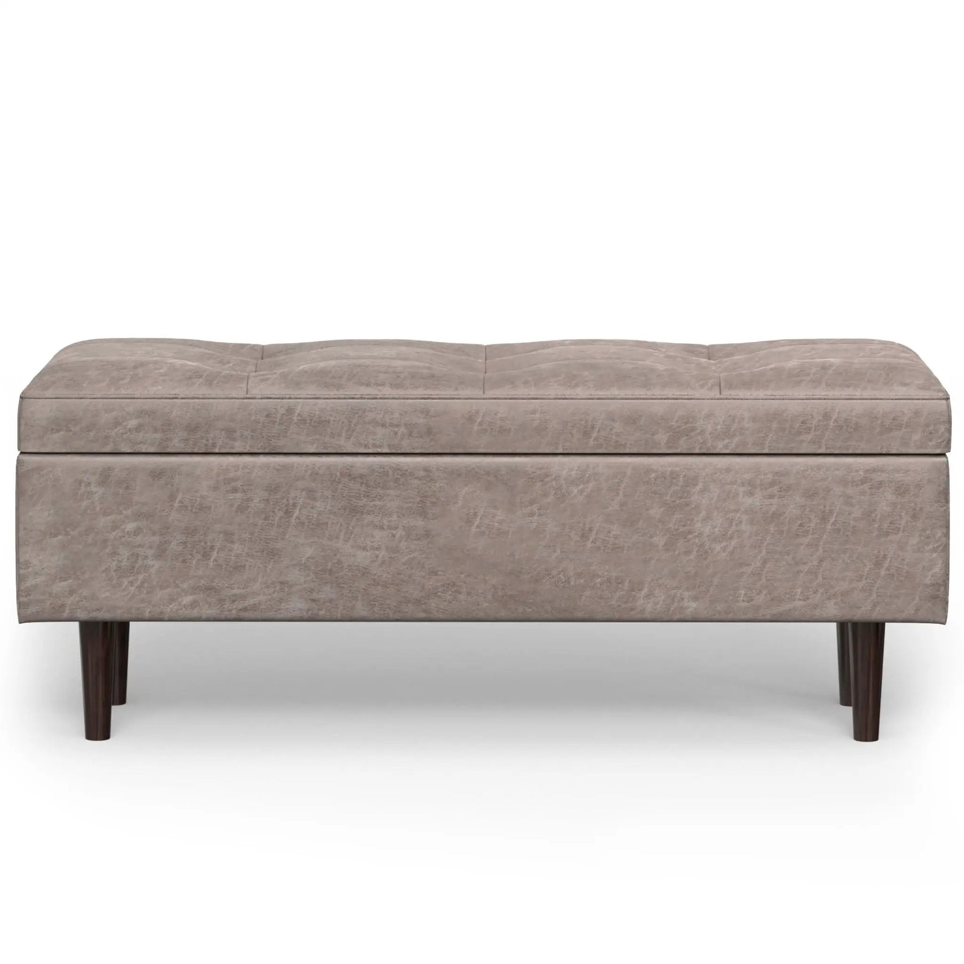 Shay Large Square Storage Ottoman taupe faux suede with dark wood legs on Tampa Home & Garden Store