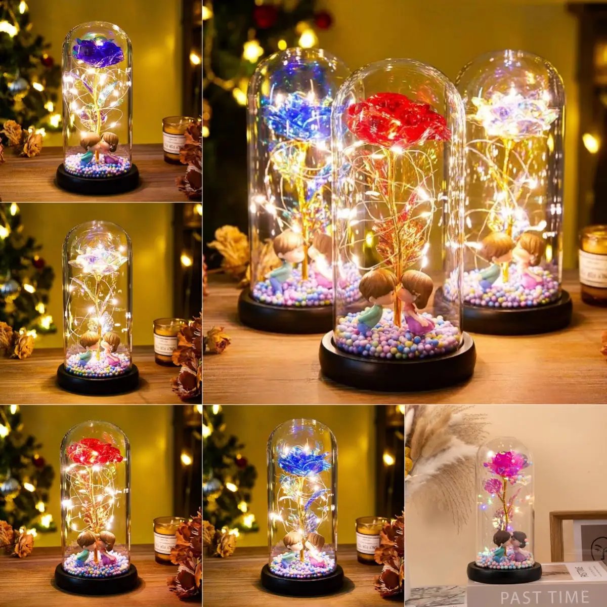 Eternal Rose LED Light Foil Flower in glass dome with warm fairy lights and pastel pebbles on Tampa Home & Garden Store