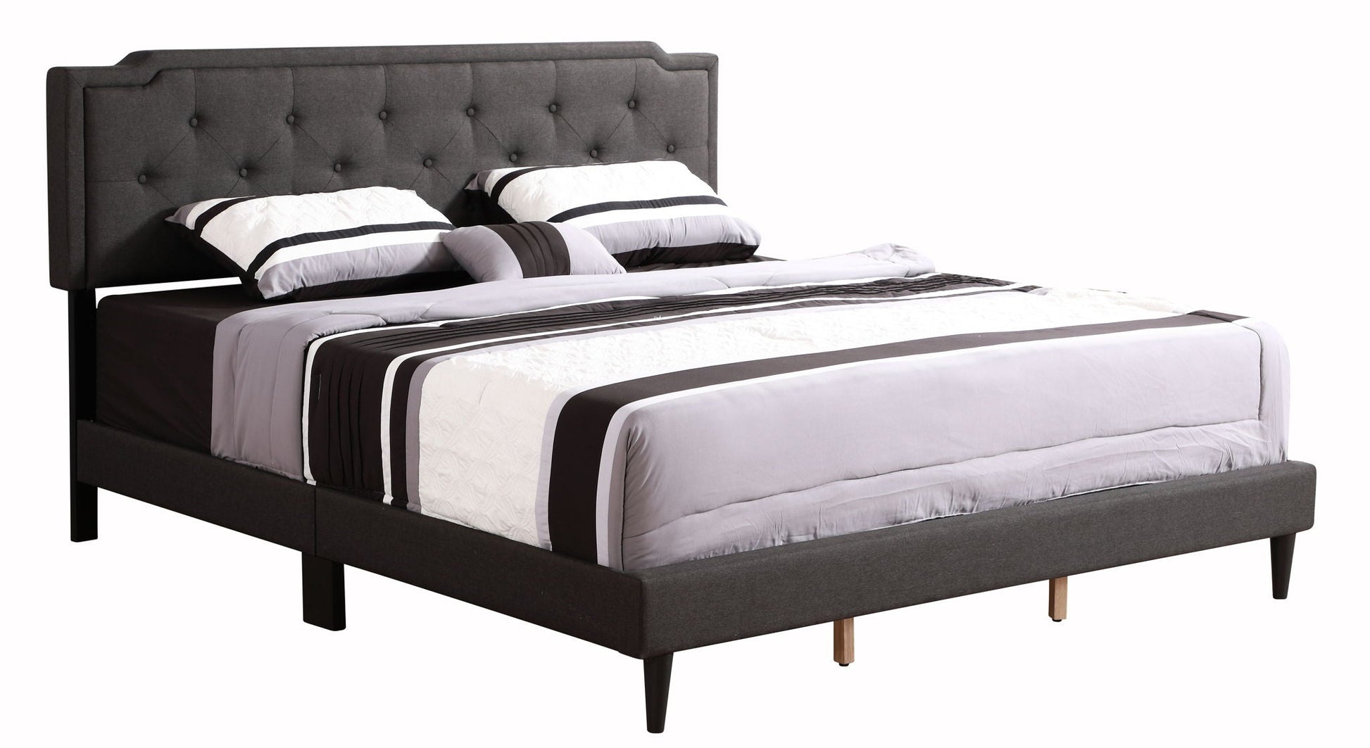 Button tufted bed in dark gray upholstered fabric with buttoned headboard and striped bedding on Tampa Home & Garden Store