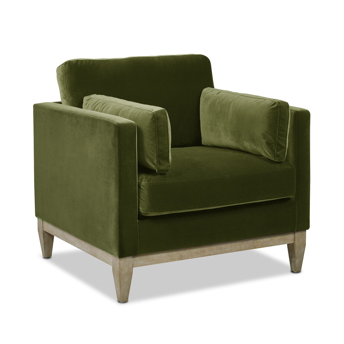 Modern farmhouse green velvet arm chair with light wood legs and reversible cushions on Tampa Home & Garden Store