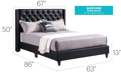 Upholstered nailhead trim queen bed in black tufted headboard by Unique Piece Furniture on Tampa Home & Garden Store