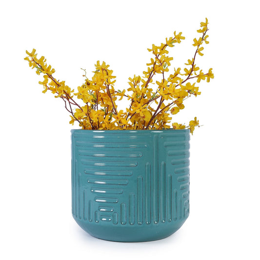 Planter teal ribbed by HouseOfZazla with yellow flowering branches on Tampa Home & Garden Store