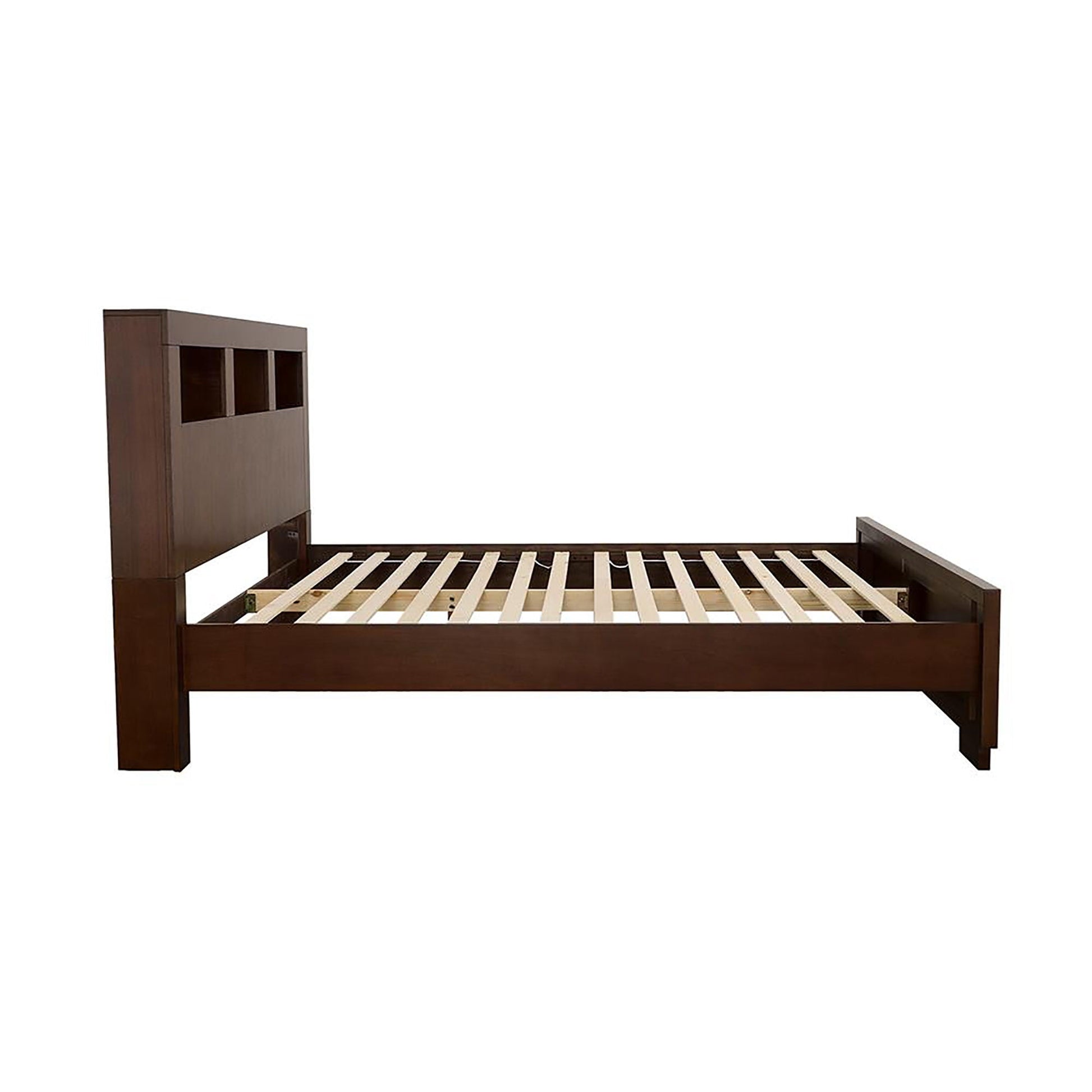 Queen bed with bookcase headboard in brown wood, slatted frame, storage bed by HouseOfZazla on Tampa Home & Garden Store
