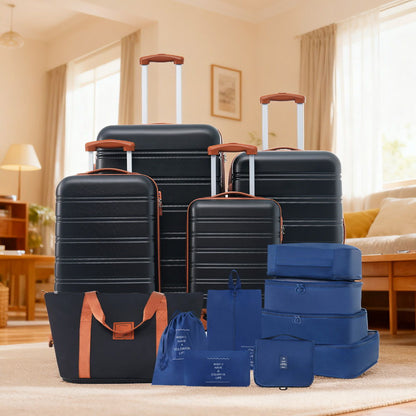 4-piece hardside spinner luggage set in dark navy with copper accents, includes blue packing cubes and navy tote bag on Tampa Home & Garden Store