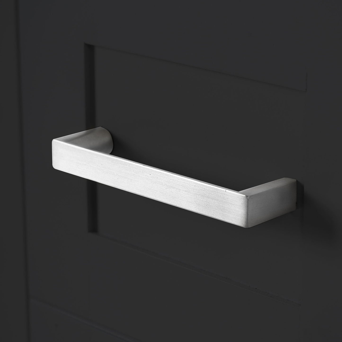 Vanity drawer pull on dark gray cabinet with a brushed nickel bar handle, HouseOfZazla on Tampa Home & Garden Store