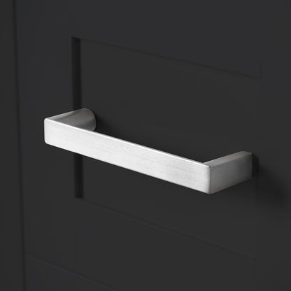 Vanity drawer pull on dark gray cabinet with a brushed nickel bar handle, HouseOfZazla on Tampa Home & Garden Store