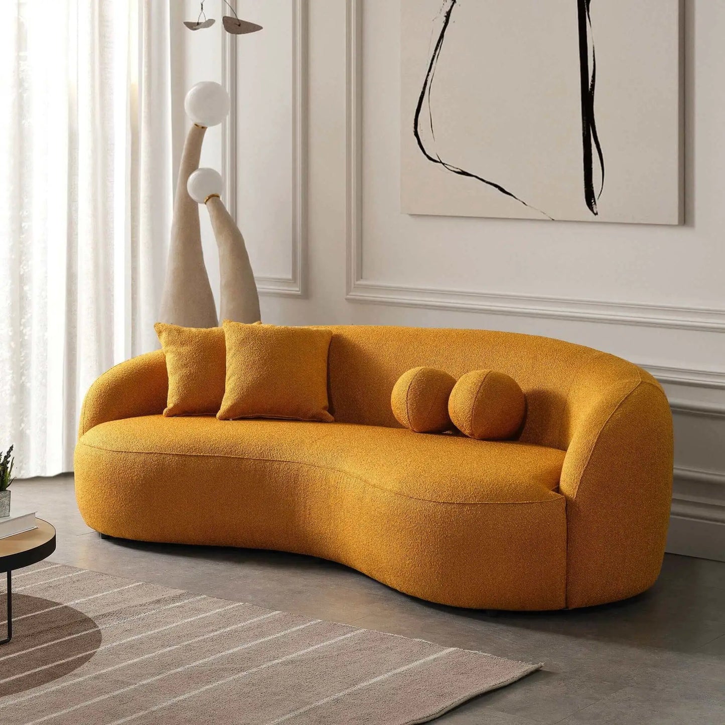 Drake Japandi Style Curvy Boucle Sofa in warm orange boucle fabric with rounded arms on Tampa Home & Garden Store