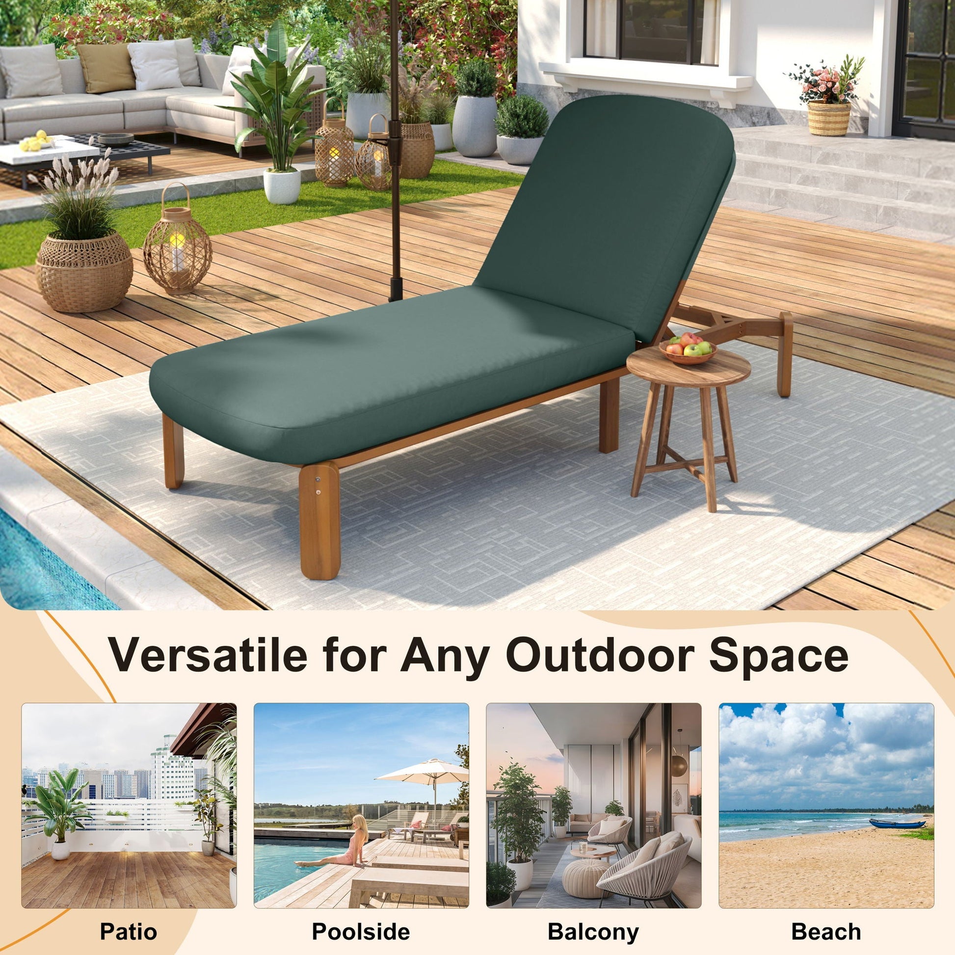 Outdoor Chaise Lounge with Adjustable Backrest by HouseOfZazla, green cushion on wooden deck on Tampa Home & Garden Store
