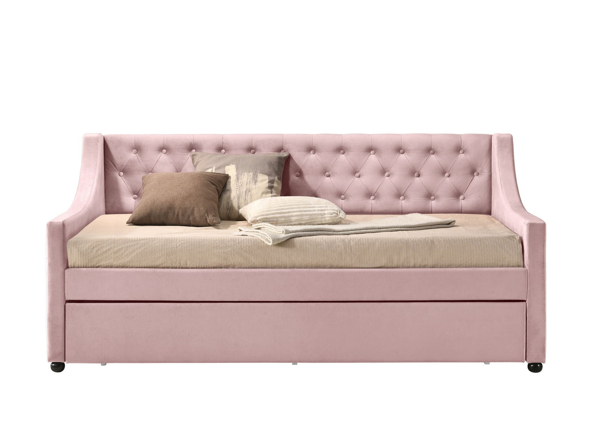 Lianna Daybed Twin & Trundle by HouseOfZazla in soft pink velvet with tufted back on Tampa Home & Garden Store