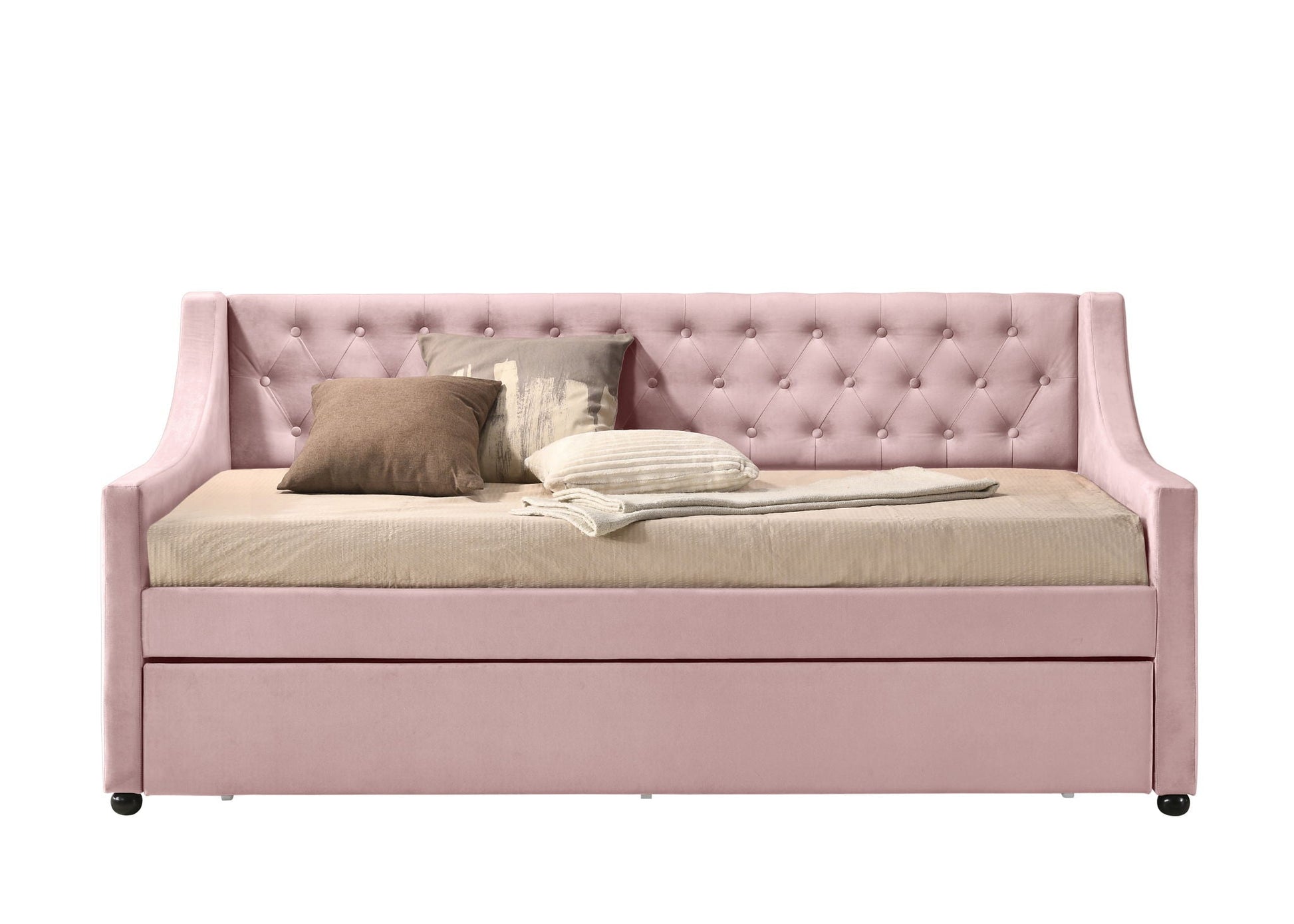 Lianna Daybed Twin & Trundle by HouseOfZazla in soft pink velvet with tufted back on Tampa Home & Garden Store
