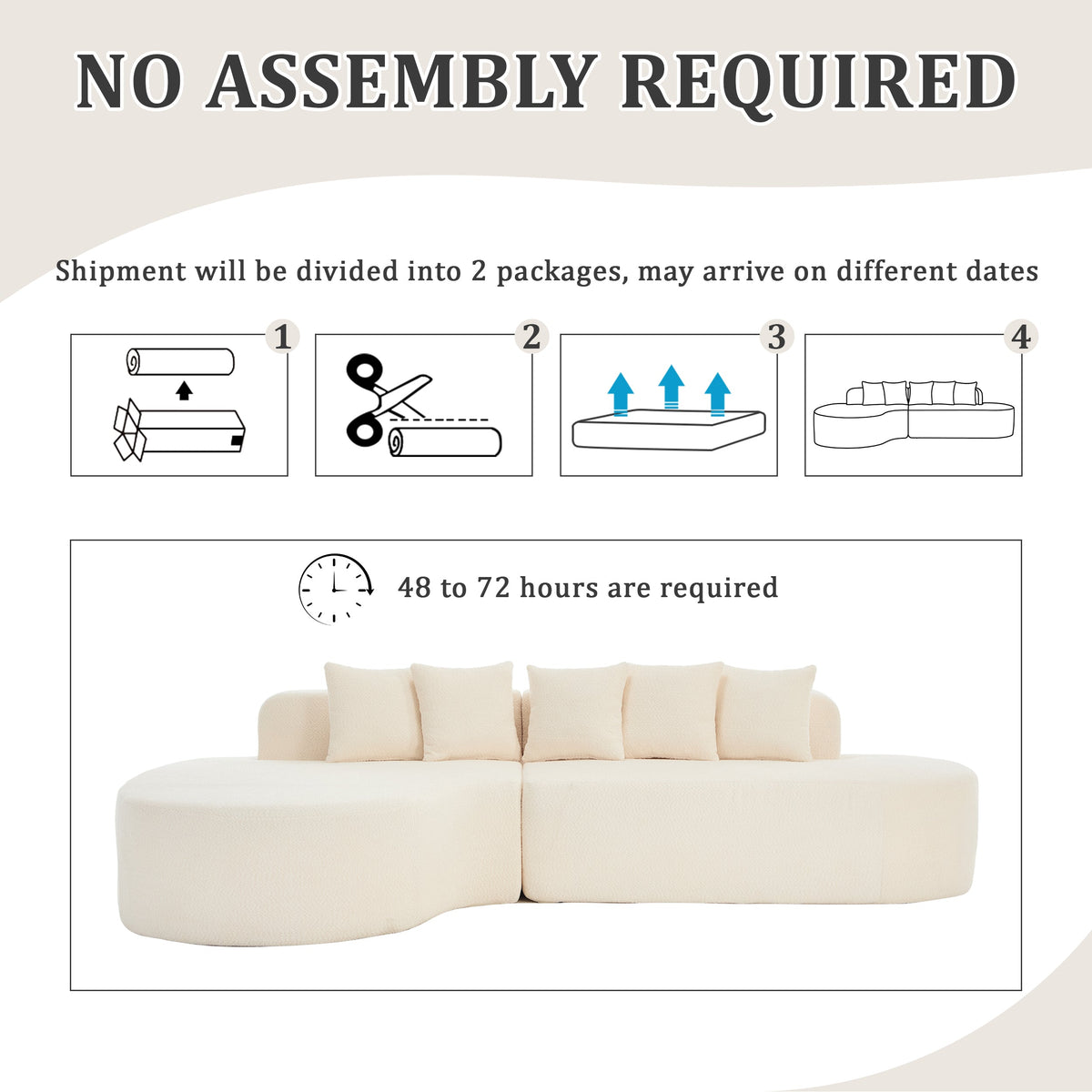 Curved Sectional Sofa and Ivory Chenille Pillows