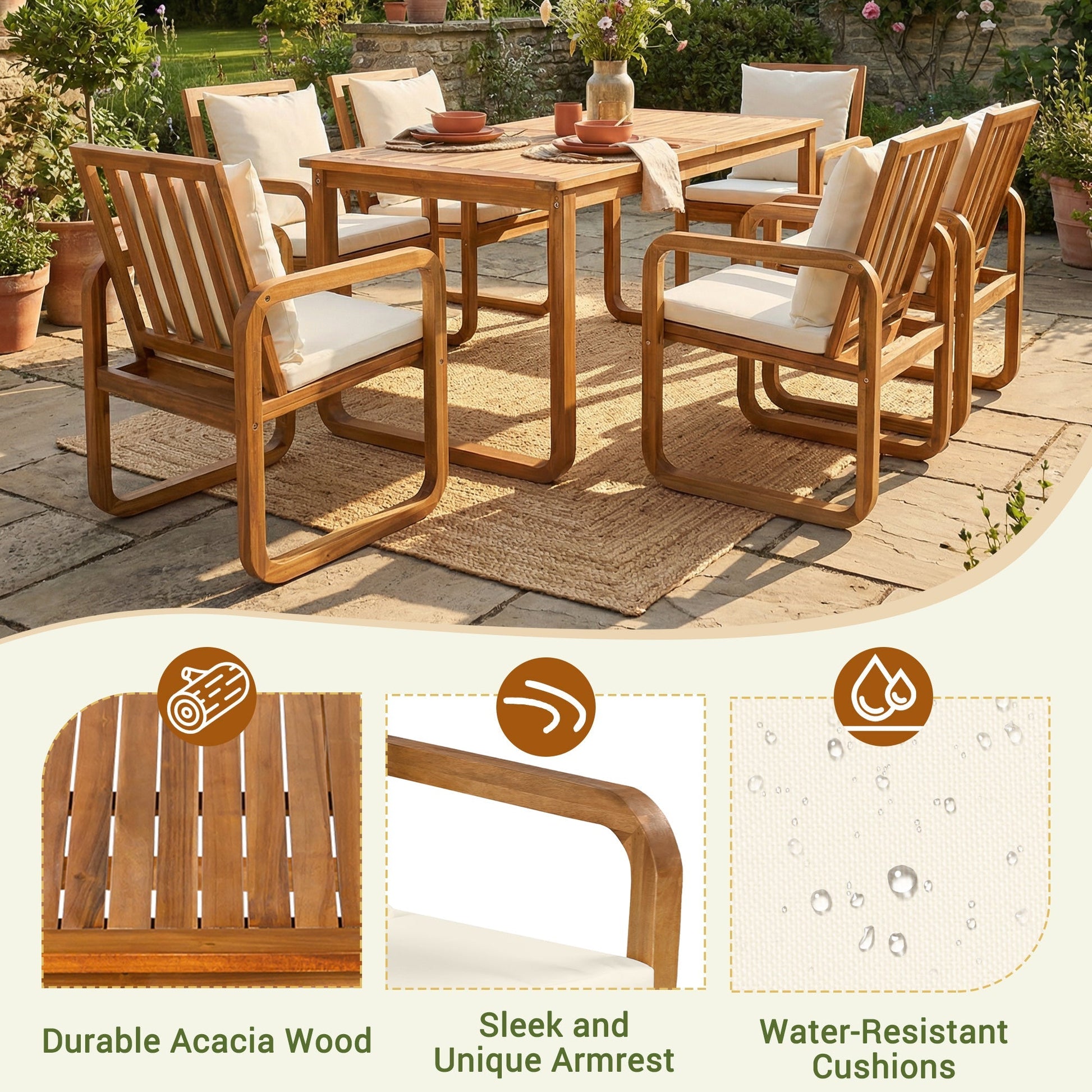 7-piece patio dining set acacia wood table with cream cushions and slatted chairs HouseOfZazla on Tampa Home & Garden Store