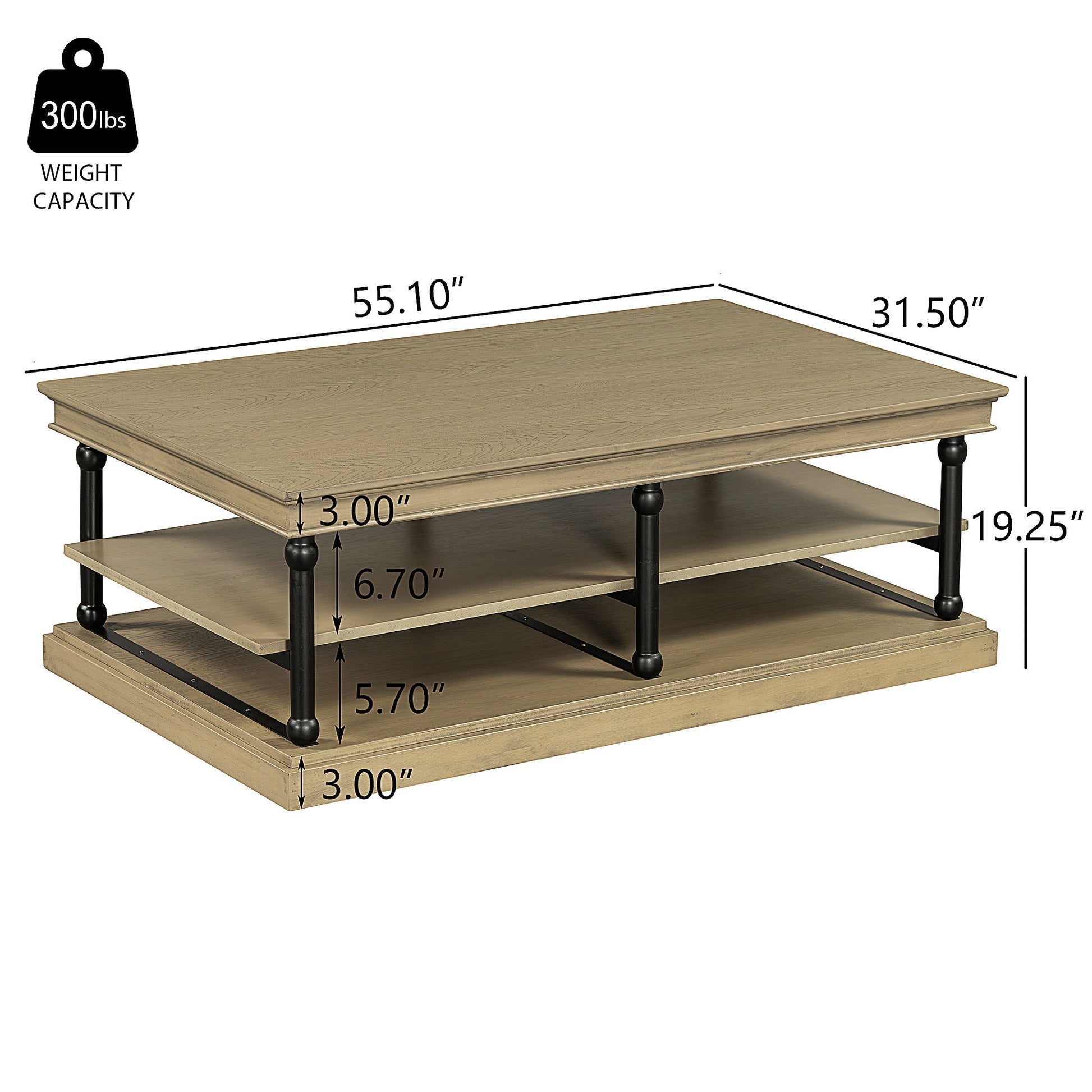 55.1' Wood Coffee Table with Black Legs and Open Storage Shelves by HouseOfZazla on Tampa Home & Garden Store