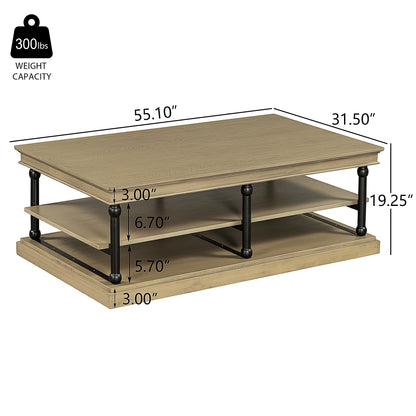 55.1' Wood Coffee Table with Black Legs and Open Storage Shelves by HouseOfZazla on Tampa Home & Garden Store