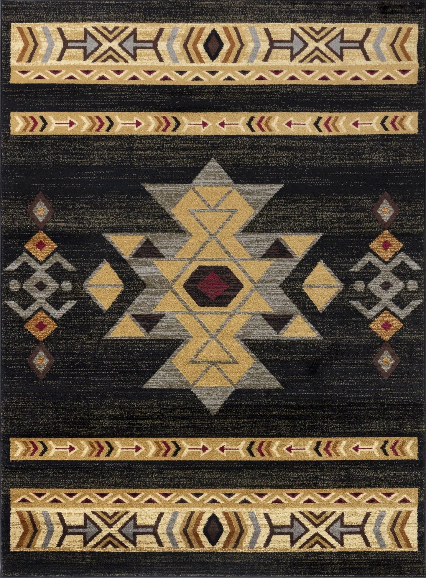 Southwest area rug Tribes GC_YLS4004 with black field and gold triangles, tan borders on Tampa Home & Garden Store