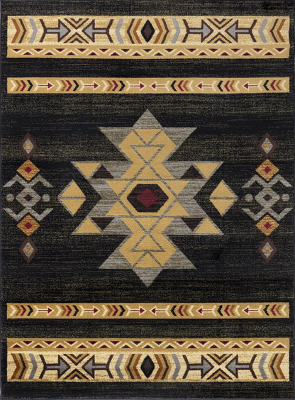 Southwest area rug Tribes GC_YLS4004 with black field and gold triangles, tan borders on Tampa Home & Garden Store