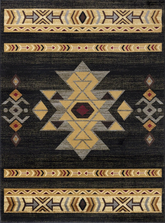 Southwest area rug Tribes GC_YLS4004 with black field and gold triangles, tan borders on Tampa Home & Garden Store