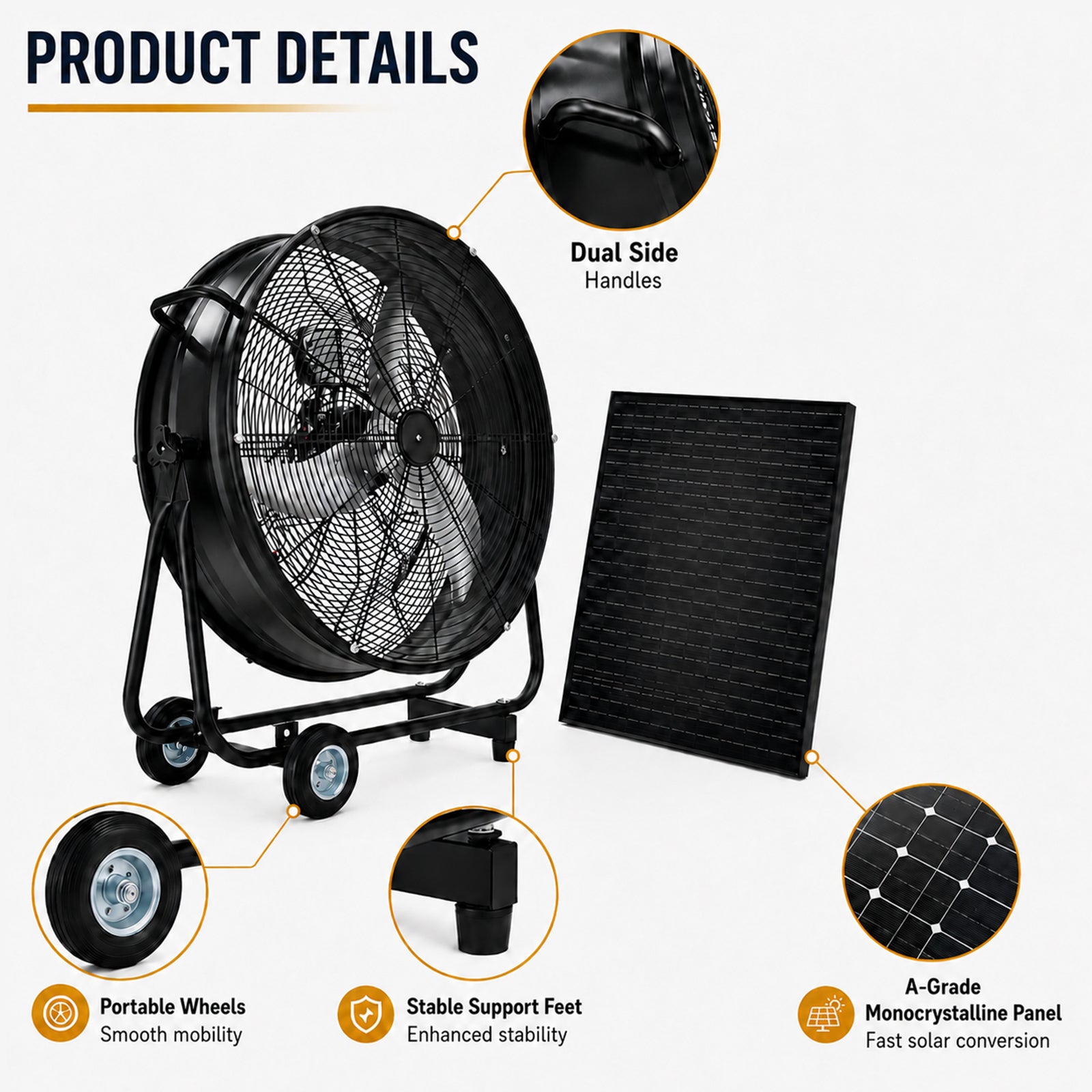30in wheeled solar fan with 140W adjustable monocrystalline solar panel and dual side handles on Tampa Home & Garden Store