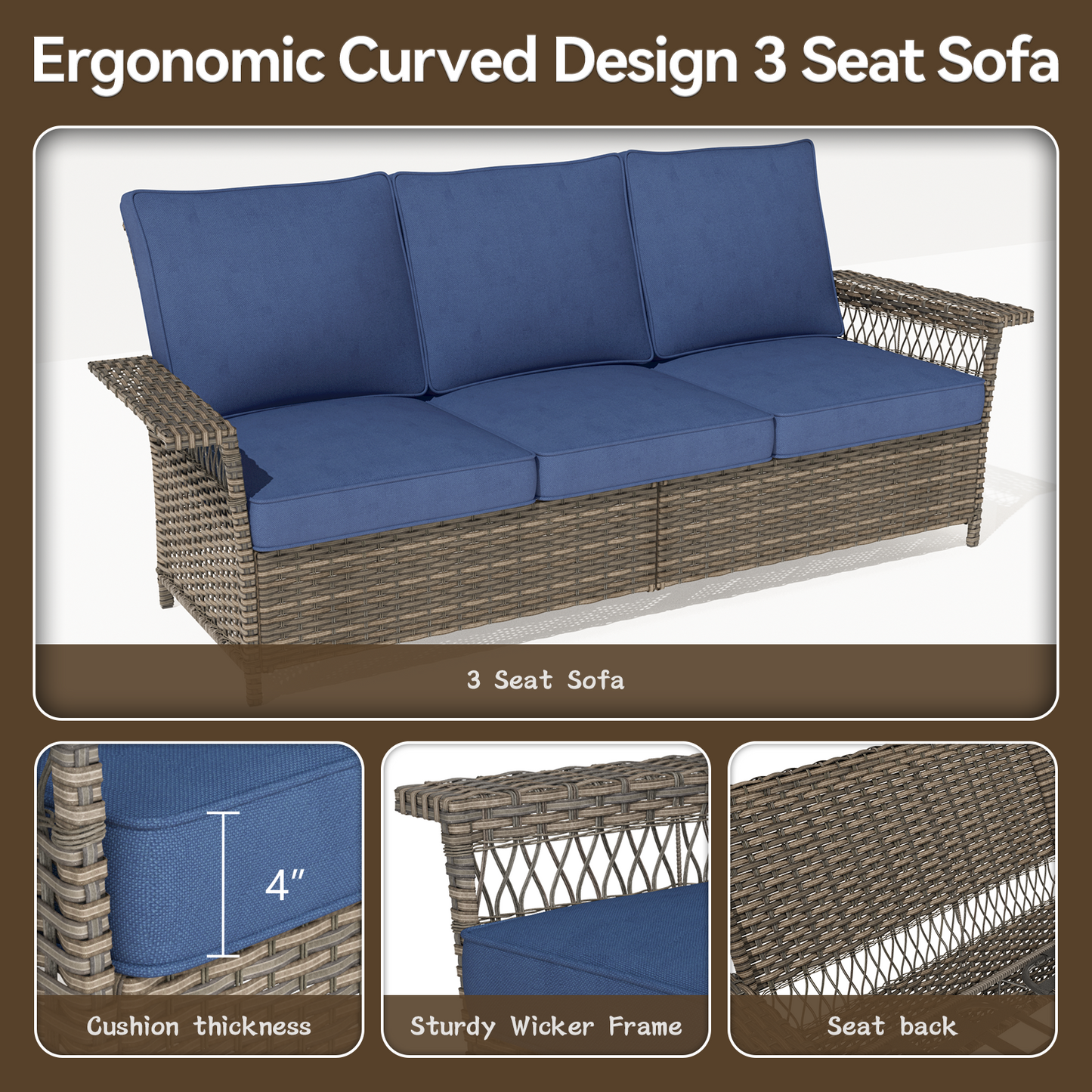 3-seat outdoor wicker patio sofa with armrests and blue cushions by HouseOfZazla on Tampa Home & Garden Store