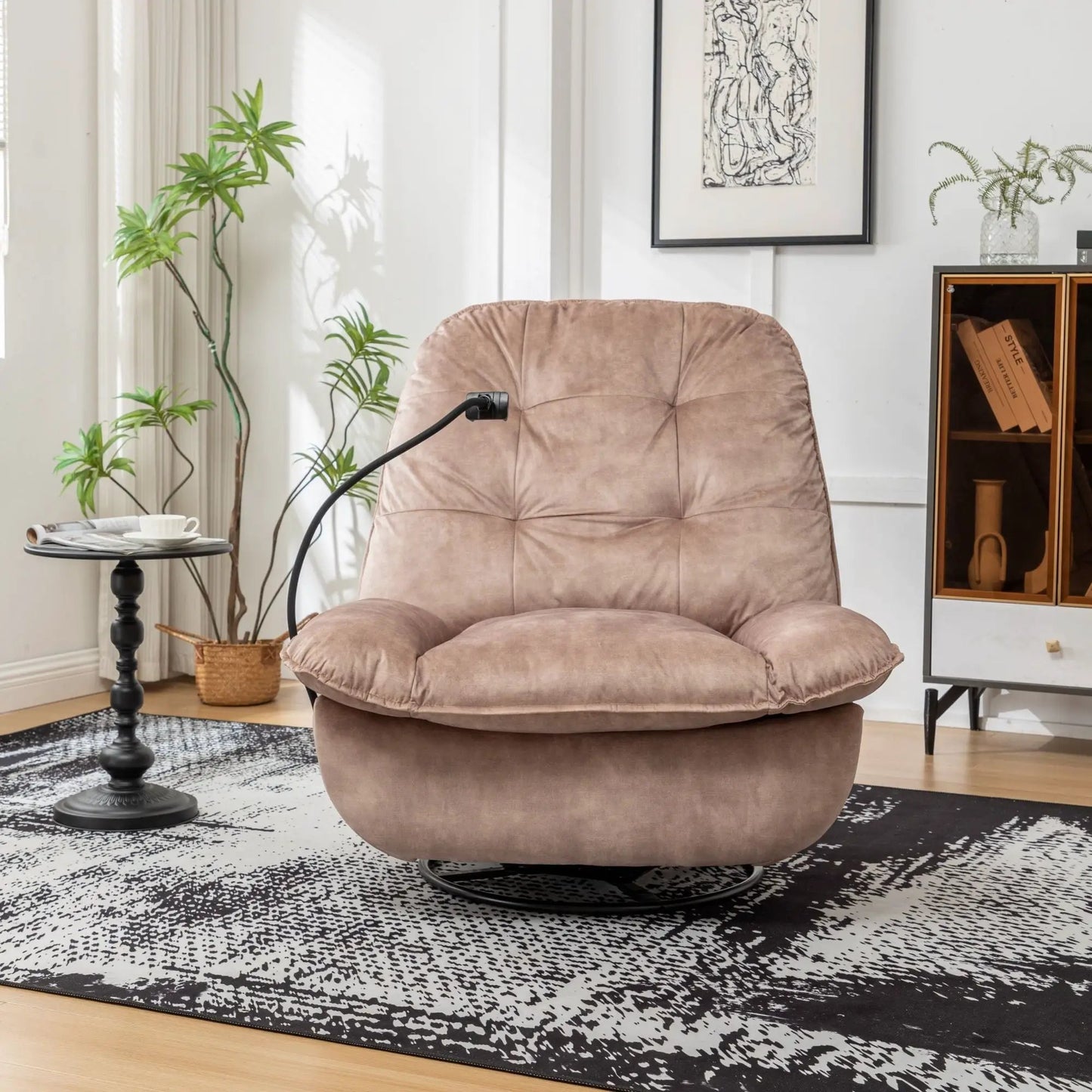 Swivel Gliding Recliner Chair tan plush fabric with phone holder by Unique Piece Furniture on Tampa Home & Garden Store
