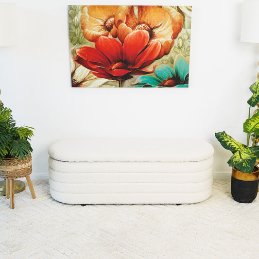 Cabana storage bench Ivory by HouseOfZazla, plush rounded seating on Tampa Home & Garden Store