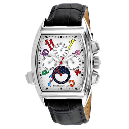 Christian Van Sant Grandeur men's watch with silver case, black leather strap, vibrant dial on Tampa Home & Garden Store