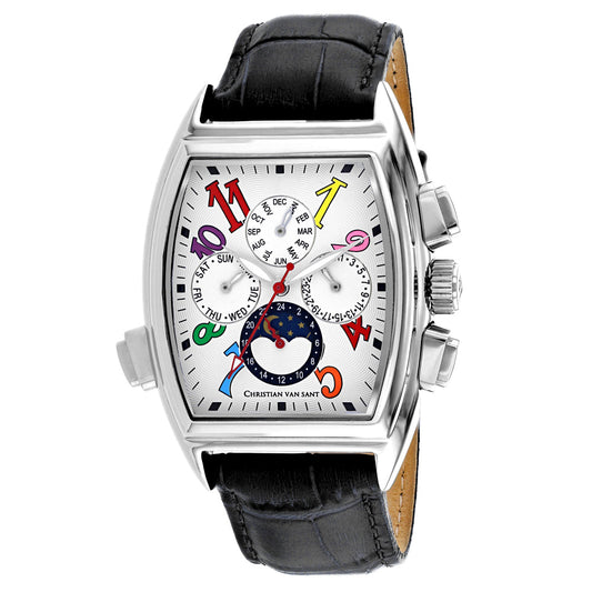 Christian Van Sant Grandeur men's watch with silver case, black leather strap, vibrant dial on Tampa Home & Garden Store