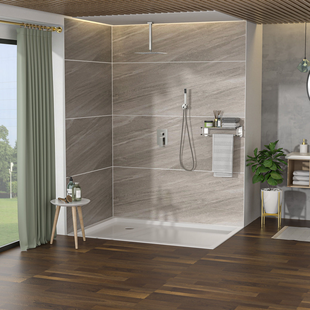 Dual Shower Head 16-inch ceiling mount system with pressure-balanced valve, gray finish on Tampa Home & Garden Store