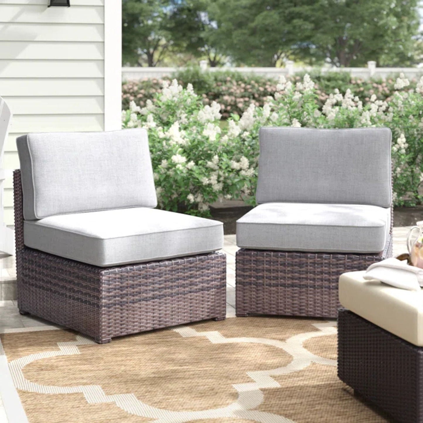 Armless patio chairs with light gray cushions in brown wicker, 2-piece outdoor set HouseOfZazla on Tampa Home & Garden Store