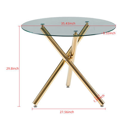 Dining table round clear glass top with gold X-frame legs, HouseOfZazla space-saving table on Tampa Home & Garden Store