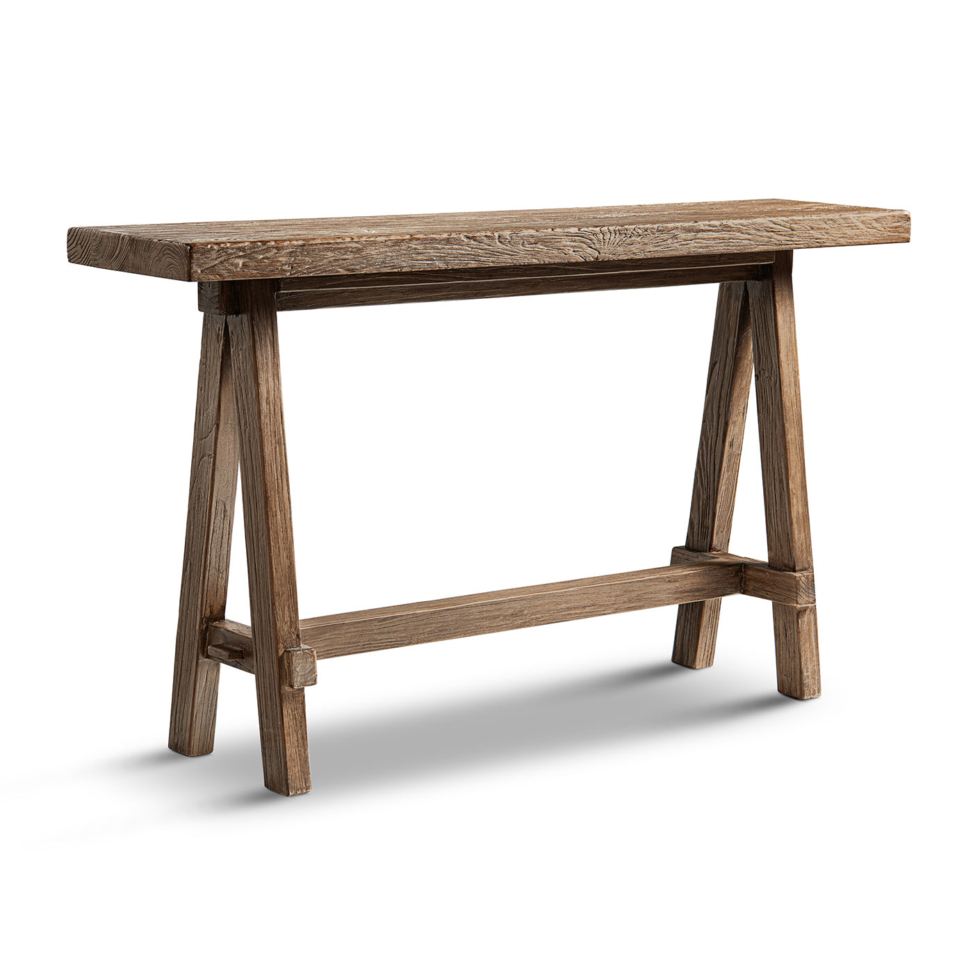 Hawthorne 60'' solid reclaimed elm trestle console table rustic weathered finish on Tampa Home & Garden Store