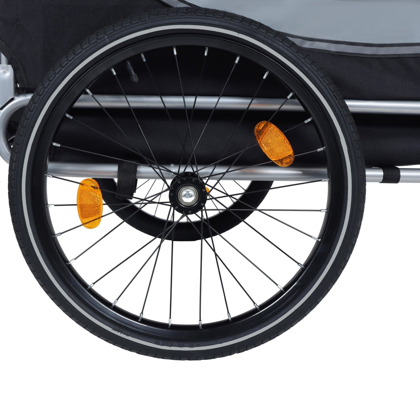 Large folding bike trailer for dogs wheel close-up with black tire and orange reflectors on Tampa Home & Garden Store